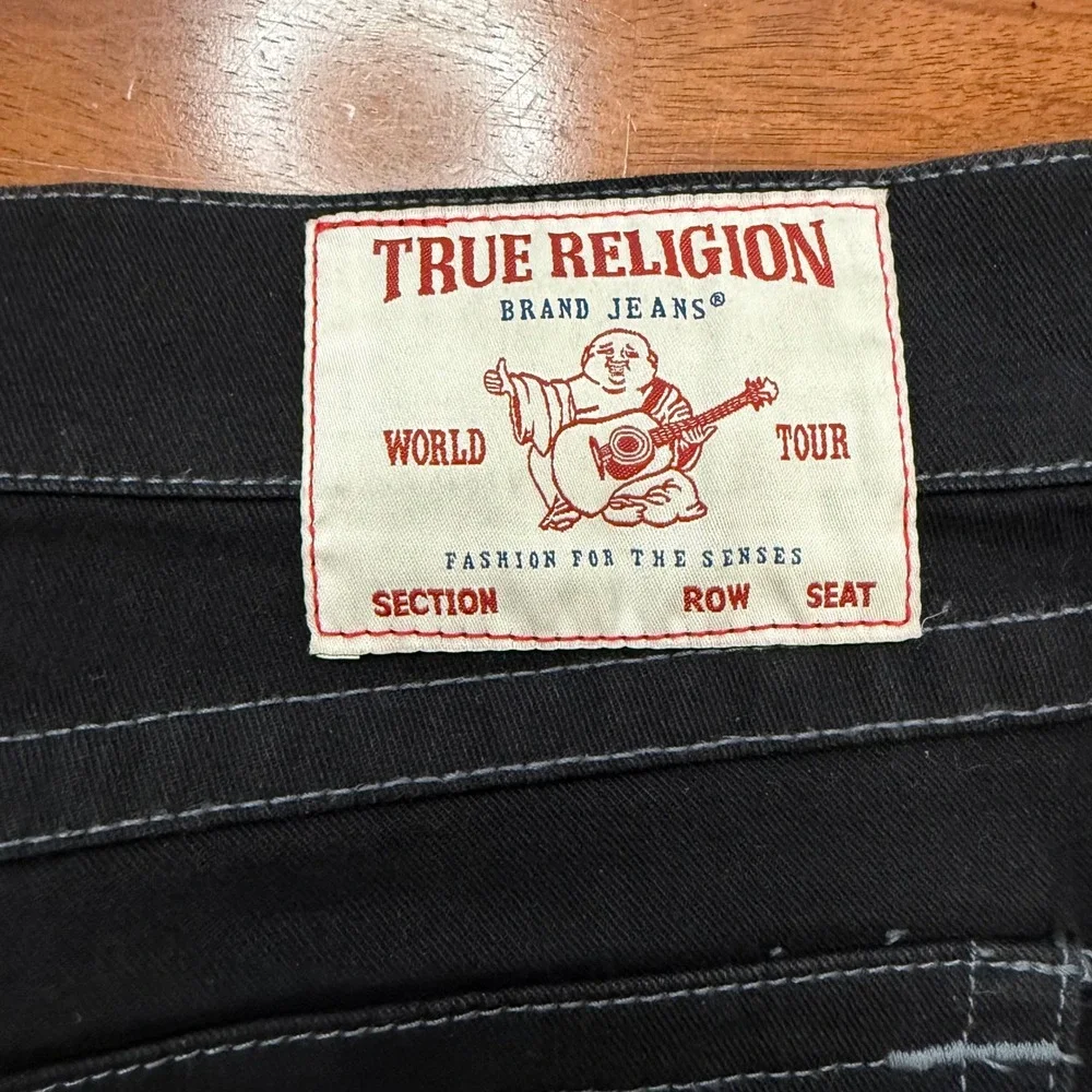 True Religion Ricky Relaxed Straight Jeans Mens 36‎ Black Contrast Stitch Flap